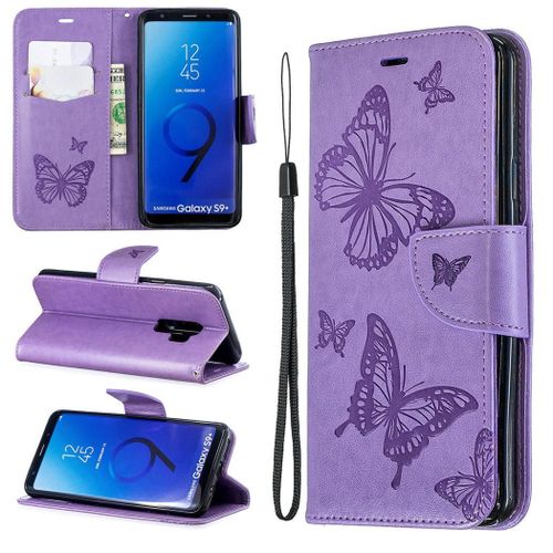 Samsung Galaxy S9 Plus Coque, Saturcase Papillon Gaufrage Pu Cuir Magnétique Flip Portefeuille Support Porte-Carte Protecteur Coque Housse Étui Avec Dragonne Pour Samsung Galaxy S9 Plus (Violet)