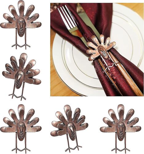 Ronds De Serviette Vintage En Bronze Pour Thanksgiving - Lot De 6 Décorations D'automne Avec Motifs De Citrouilles Et De Feuilles, Accessoires De Table Élégants