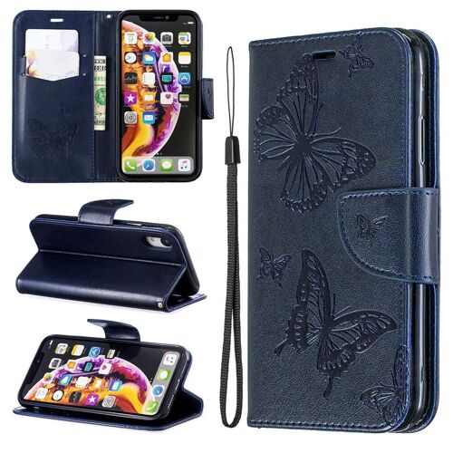 Apple iPhone XR Coque, SATURCASE Papillon Gaufrage PU Cuir Magnétique Flip Portefeuille Support Porte-carte Protecteur Coque Housse Étui avec Dragonne pour Apple iPhone XR (Bleu)