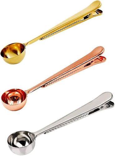 Ensemble De 3 Cuillères À Café En Acier Inoxydable Avec Clip De Fermeture Pour Sac - Cuillères Doseuses Dorées, Or Rose Et Argentées