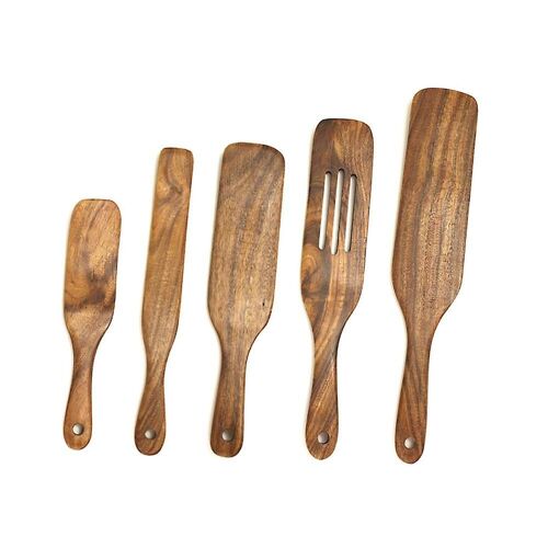 Batterie De Cuisine En Bois D'acacia Durable Et Résistant À La Chaleur - 5 Ustensiles De Cuisine Antiadhésifs Pour Remuer Et Mélanger