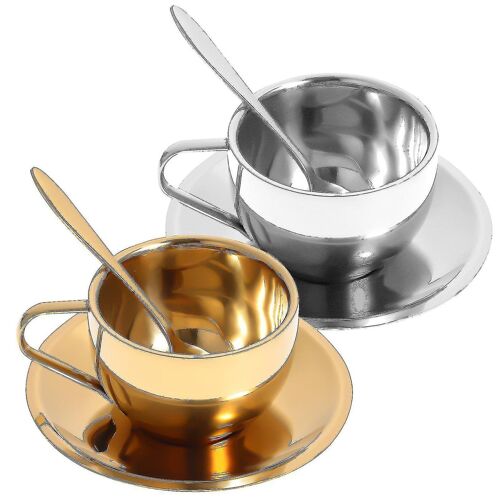Ensemble Élégant De Tasses À Café En Acier Inoxydable : 2 Tasses De Style Européen Avec Soucoupes Et Cuillères Pour Thé Et Café