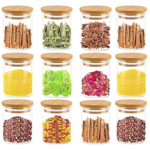 Lot De 12 Pots À Épices En Verre De 120 Ml Avec Couvercles En Bambou ¿ Conservation Hermétique Pour Épices, Herbes Et Thés ¿ Organisation Élégante De La Cuisine