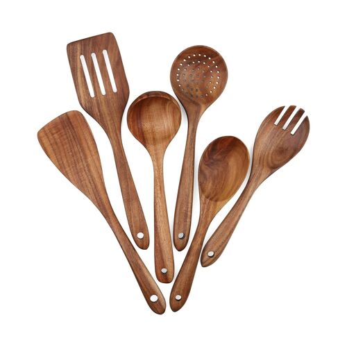 Batterie De Cuisine En Bois Haut De Gamme 6 Pièces - Ustensiles De Cuisine Durables Et Antiadhésifs Pour Une Cuisine Sûre Et Élégante