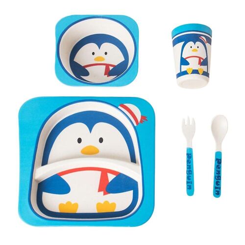 Service De Table Pour Enfants 5 Pièces ¿ Fibre De Bambou Écologique Avec Motif Pingouin ¿ Assiette, Bol, Gobelet, Fourchette, Cuillère