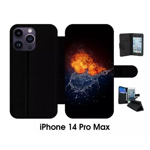 Etui À Rabat Iphone 14 Pro Max - Duo De Coeurs Eau Et Flamme - Simili-Cuir - Noir