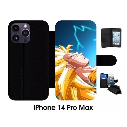 Etui À Rabat Iphone 14 Pro Max - Dragon Ball Z Gohan Super Saiyan 3 - Simili-Cuir - Noir