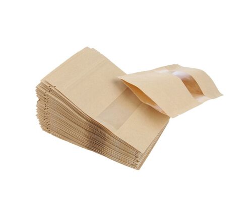 Lot De 50 Sachets En Papier Kraft Refermables Et Écologiques Pour La Conservation Des Aliments ¿ Sachets Auto-Scellants Avec Fenêtre
