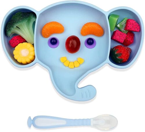 Assiette De Séparation En Silicone Bleu Pour Enfants Avec Ventouse ¿ Motif Éléphant Mignon, Antidérapante, Facile À Nettoyer, Sans Bpa