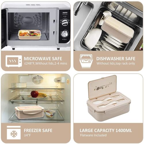 Boîte À Bento Étanche Pour Enfants Et Adultes ¿ Boîte À Lunch À 3 Compartiments De Qualité Alimentaire, Compatible Micro-Ondes, Beige