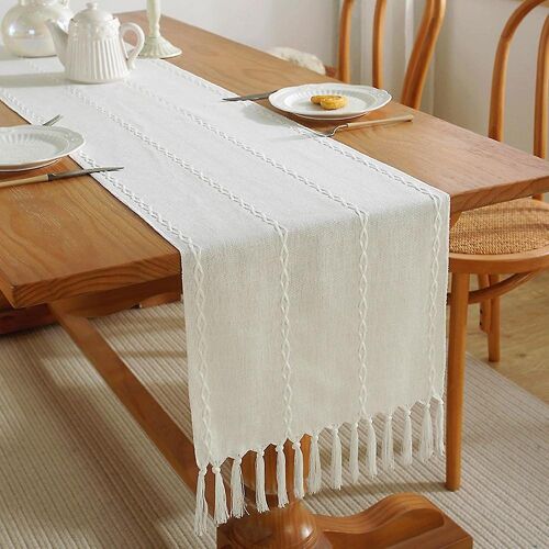 Chemin De Table Élégant En Polyester Beige Avec Pompons ¿ Fait Main, Facile D'entretien, Style Bohème Pour La Salle À Manger Et La Décoration Intérieure