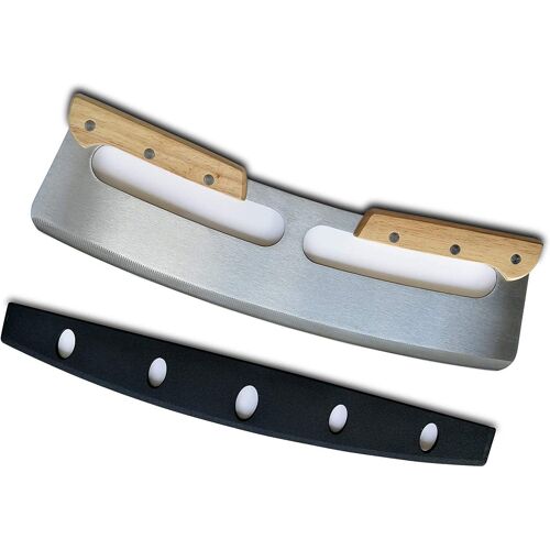 Couteau À Pizza Demi-Lune - Lame En Acier Inoxydable Avec Double Manche En Bois Pour Un Tranchage Et Un Hachage Précis