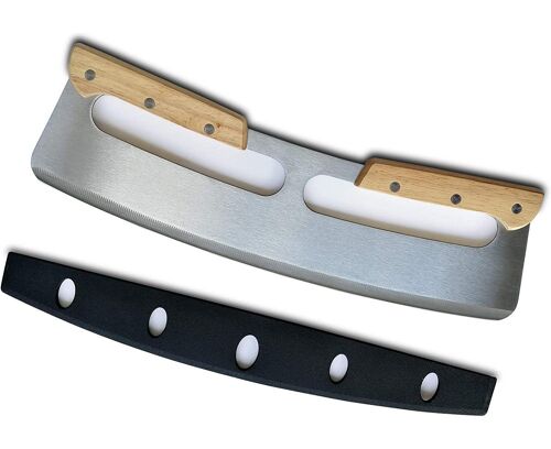 Couteau À Pizza Demi-Lune - Lame En Acier Inoxydable Avec Double Manche En Bois Pour Un Tranchage Et Un Hachage Précis