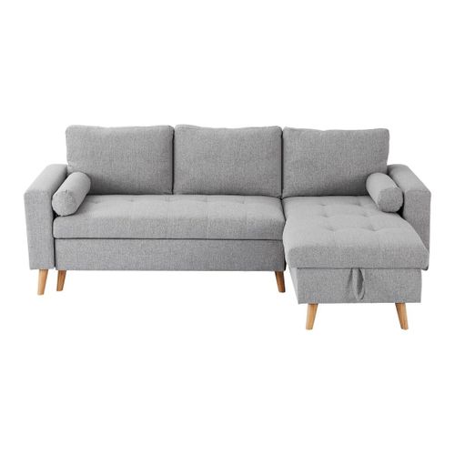 Canapé D'angle Convertible Et Réversible En Tissu Gris Clair Avec Coffre De Rangement Kori