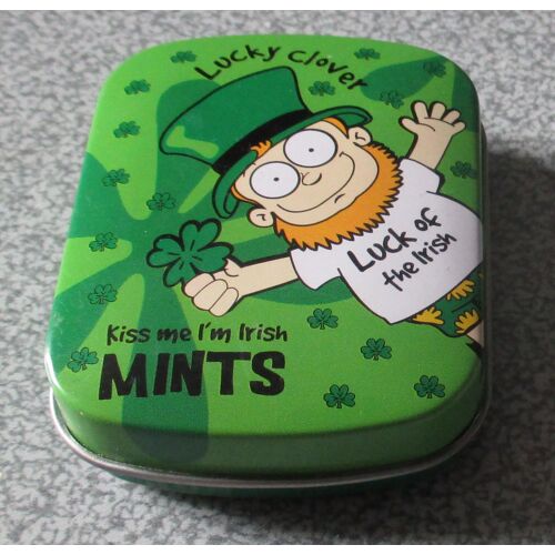 Mini Boite Métallique Looney Leprechaums - Mints Lucky Clovers Kiss Me I'm Irish - 4.5x6x1.5cm - Couvercle Attaché - Shamrock Gits Co - Vendue Vide - Rapportée De République D' Irlande