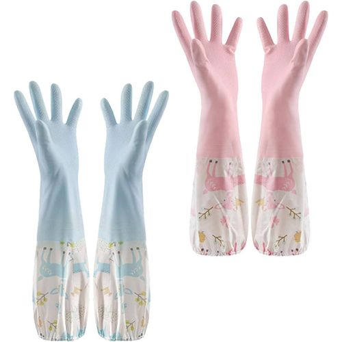 Gants de Nettoyage en Caoutchouc-2 Paires Gants de Vaisselle,Gants ménage,Gants de ménage à Manches Longues doublés en Coton pour Le Linge,Le Jardinage (Taille M)