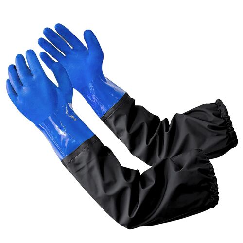 KALANKA-Gants longs pour étang - 68 cm - Résistants aux acides et aux alcalins - Imperméables - En caoutchouc PU - Gants de pêche épais pour aquarium et bassin - Bleu