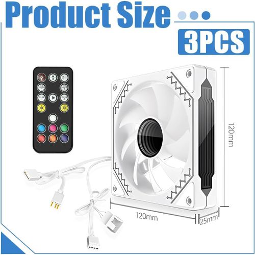 3 Pièces RS120 ARGB 120mm PWM Ventilateur avec 1 Télécommande,Ventilateur de Châssis,Vent Positif,Faible Bruit,Blanc