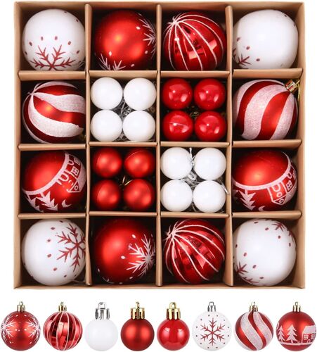 Set de Boules de Noël,44 pièces de Boules de Noël Set, décoration d'arbre de Noël Boules de Noël Blanches, Boules de Noël Rouges