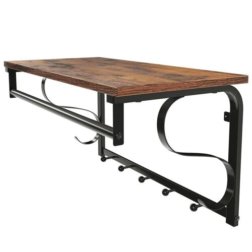 Porte-manteau mural étagère murale style industriel avec 5 crochets 1 plateau et 1 barre de suspension pour entrée couloir salle de bain salon vintage noir Helloshop26 12_0007084