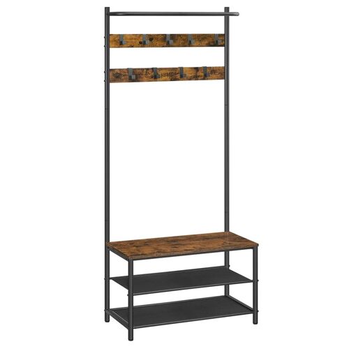 Meuble d entrée porte-manteaux 32,2 x 64 x 180 cm avec banc et étagère à chaussures 9 crochets amovibles tringle pour entrée chambre style industriel marron rustique et noir Helloshop26 12_0006391