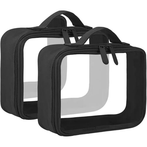 KALANKA-Lot de 2 Trousses de Toilette de Voyage Transparentes, Imperméable PVC Trousse de Toilette approuvée TSA avec poignée Sangle, Sac de Toilette Transparente pour Femmes et Hommes - Noir