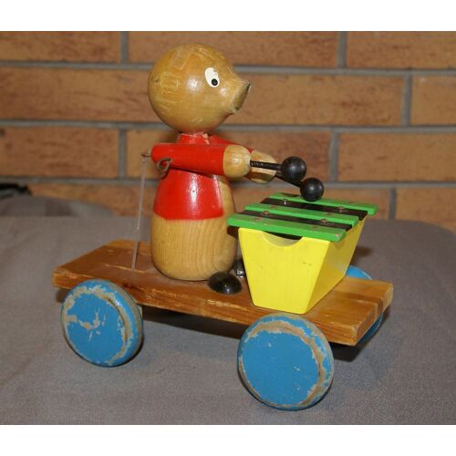 Ancien Jouet Mécanique En Bois Chien Chariot Xylophone.