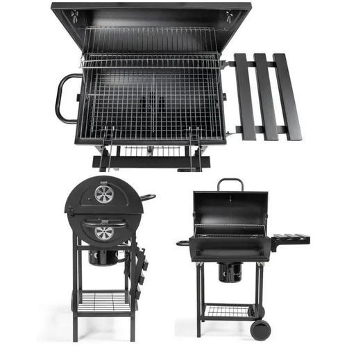 Barbecue à charbon baril Surface de cuisson de 56 x 35,5 cm Couvercle avec thermomètre poignée et 2 valves d'aération