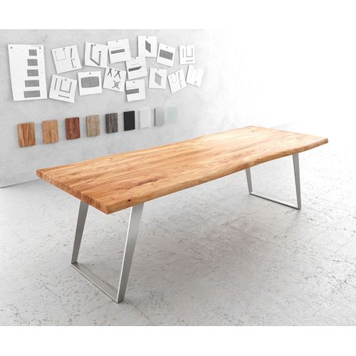 Table-De-Salle-?-Manger Edge Acacia Nature 260x100 Xl Acier Inoxydable Inclin? Live-Edge