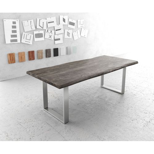Table-De-Salle-?-Manger Edge Acacia Platine 220x100 Xl Acier Inoxydable ?Troit Live-Edge