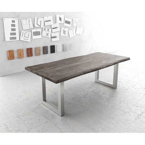 Table-De-Salle-?-Manger Edge Acacia Platine 220x100 Xl Acier Inoxydable Large Live-Edge