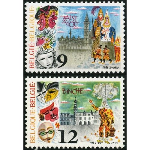 Belgique 1986, Très Beaux Timbres Neufs** Luxe Yvert 2200 Et 2201, Folklore, Carnaval D'alost - Géants Et Beffroi D'alost Et Carnaval De Binche - Gilles De Binche.