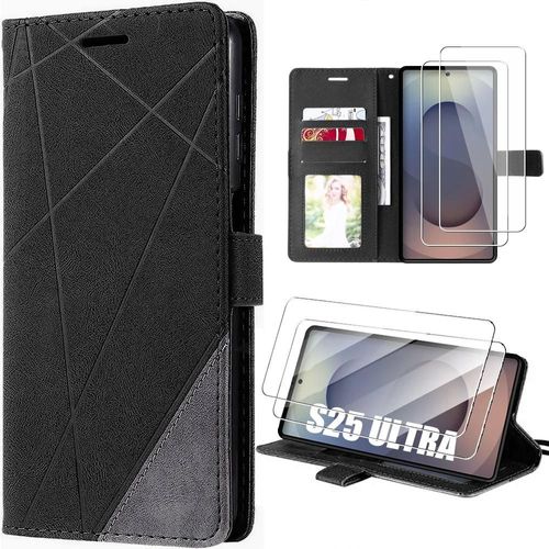 Coque + 2 Verres Trempés Pour Samsung Galaxy S25 Ultra, Anti-Rayures Protection 360 Degré Cuir Pu Noir - E.F.Connection