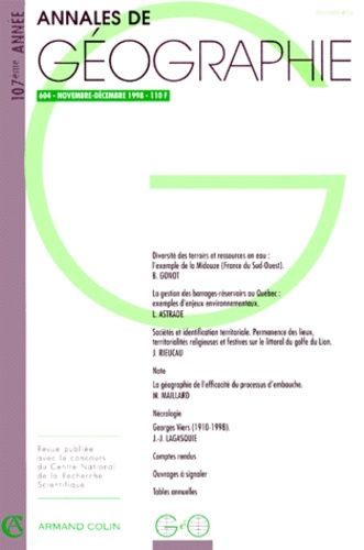 Annales De Geographie N° 604 107eme Annee Novembre-Decembre 1998
