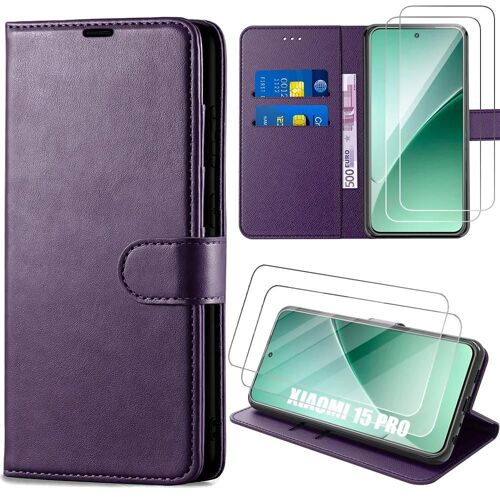 Coque Et 2 Verres Trempés Pour Xiaomi 15 Pro, Anti-Rayures Porte-Carte Protection 360 Degré Effet Cuir Violet Foncé - E.F.Connection