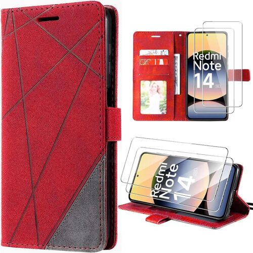 Coque pour Xiaomi Redmi Note 14 5G (pas pour 4G) Effet Cuir Rouge Antichoc Protection 360° + 2 Verres Trempés - E.F.Connection