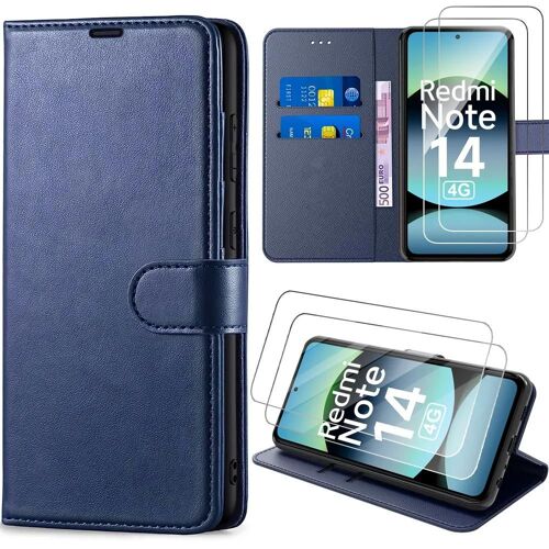 Coque + 2 Verres Trempés Pour Xiaomi Redmi Note 14 4g (Pas Pour 5g) Protection Cuir Synthétique Antichoc Bleu Marine - E.F.Connection