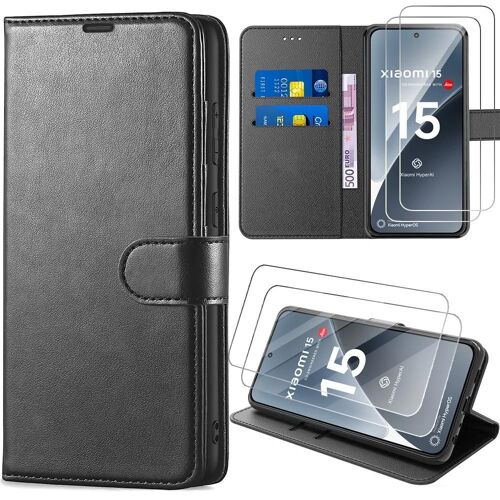Coque + 2 Verres Trempés Pour Xiaomi 15, Protection Rabat Flip Case Anti-Rayures Antichoc Synthécuir Souple - Noir - E.F.Connection