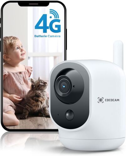 COCOCAM 4G Camera Surveillance Interieur sans Fil avec Batterie 6000mAh, 355°P 90°T, 2K 4G Caméra pour Bébé/Animal/Ancien,Détection Humaine PIR, Carte SIM Intégrée, sans WiFi (Blanc)