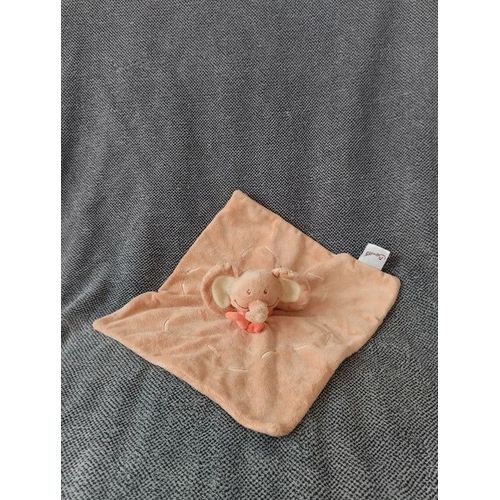 Doudou Semi Plat Éléphant Orange - Bengy - Peluche Carré - Écharpe Fleur