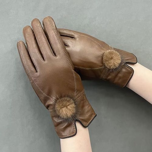Mitaines À Pompon En Fourrure De Vison Pour Femmes 2024 Cuir De Mouton Véritable Mode Sh5567