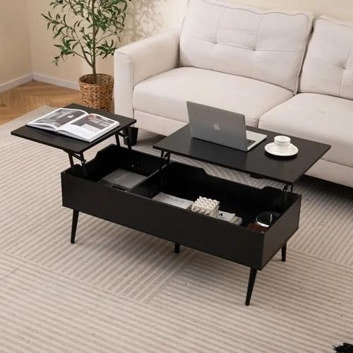 Costway Table Basse Relevable 40-53,5 Cm, 2 Compartiments De Rangement Dissimulés, Pieds En Métal, Table Basse Salon Noir