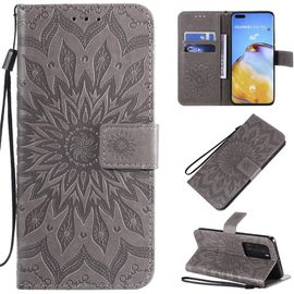 Kal-Coque Pour Huawei P40 Pro, Housse En Cuir À Rabat Flip Case Portefeuille Etui De Protection Fermeture Magnétique Support Bumper Antichoc Motif Fleur Etui Case Cover - Gris