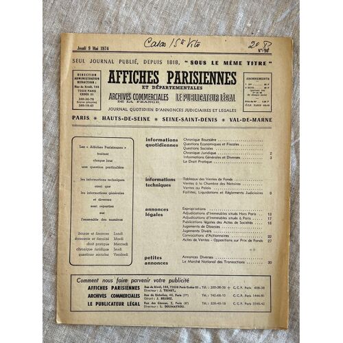 Affiches Parisiennes Et Départementales . Jeudi 9 Mai 1974.No 90. Journal Quotidien D’Annonces,Judiciaires Et Legales .