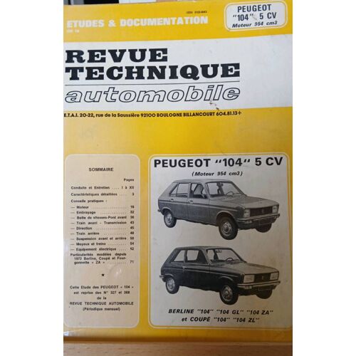 Revue Technique Automobile Peugeot 104 5cv Moteurs 954cm3 Cip3272