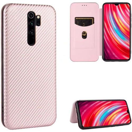 Compatible Avec Coque Xiaomi Redmi Note 8 Pro, Mince Flip Fibre De Carbone [Test De Chute] Antichoc Stand Fente Avec Carte, Protecteur D'écran En Verre Trempé*2-Or Rose