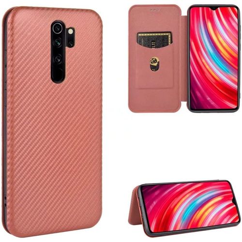 Compatible Avec Coque Xiaomi Redmi Note 8 Pro, Mince Flip Fibre De Carbone [Test De Chute] Antichoc Stand Fente Avec Carte, Protecteur D'écran En Verre Trempé*2-Marron