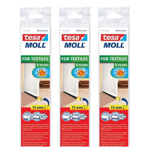 tesa Lot de 3 Calfeutrers Bas de Porte Adhésif Spécial Moquette 1m x 40mm x 15mm blanc