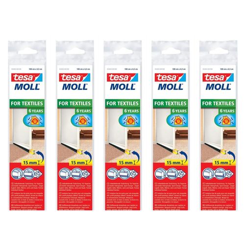 tesa Lot de 5 Calfeutrers Bas de Porte Adhésif Spécial Moquette 1m x 40mm x 15mm blanc