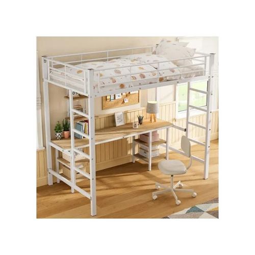Adolescent, Lit D'enfant, Avec Échelle Latérale, Avec Dispositif De Retenue, Fer + Mdf, Blanc, 90x200 Cm